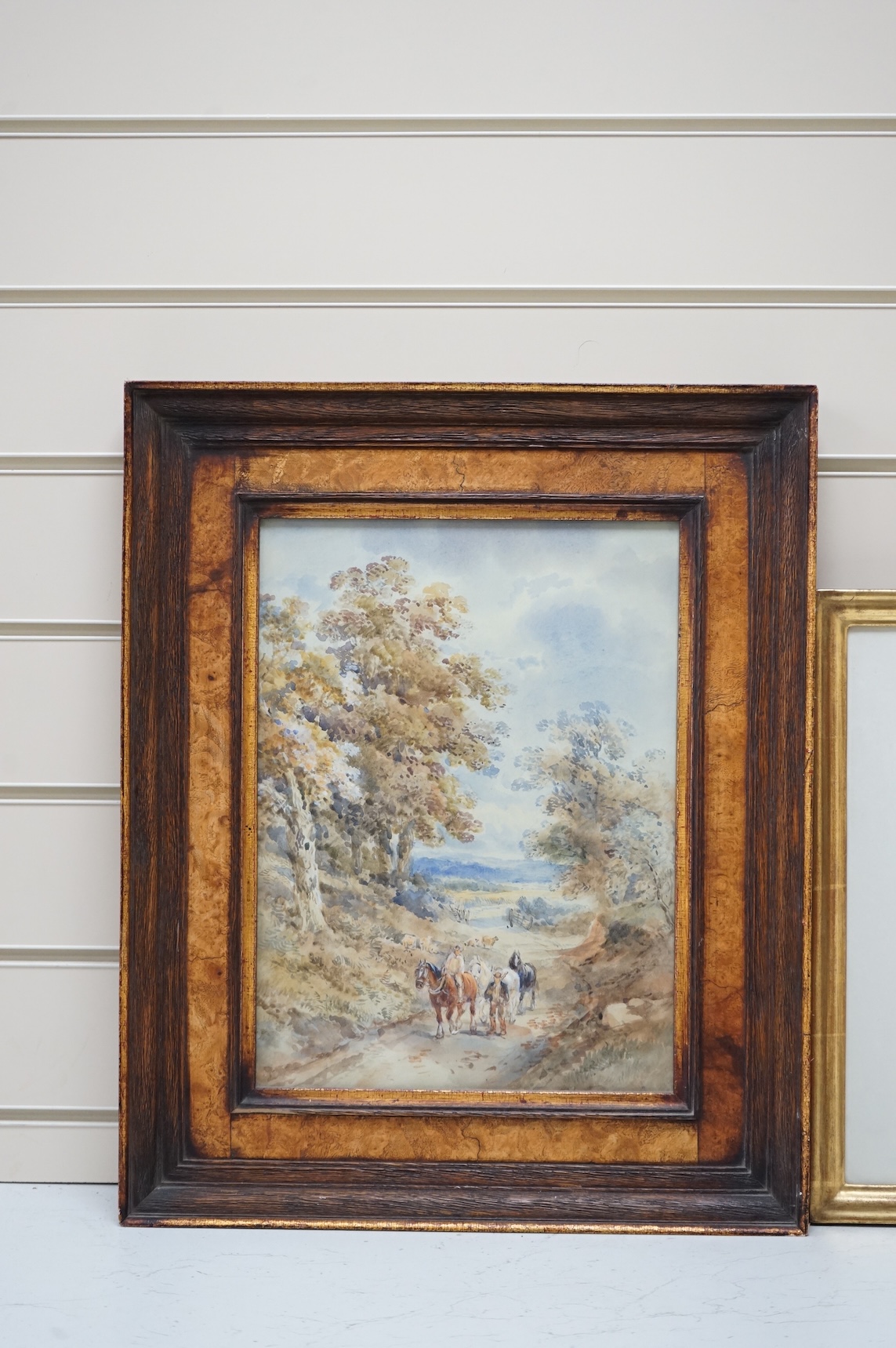 19th century English School, Study of shire horses on a path, unsigned, housed in a burr wood frame, watercolour, together with a similar work, Shepherd and flock of sheep, largest 34 x 24cm